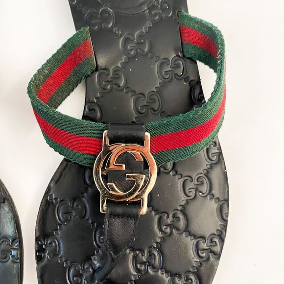 Gucci GG Web Stripe Flip Flop Sandal Black EU 39 US Women's 9 Flat Logo - Picture 4 of 13